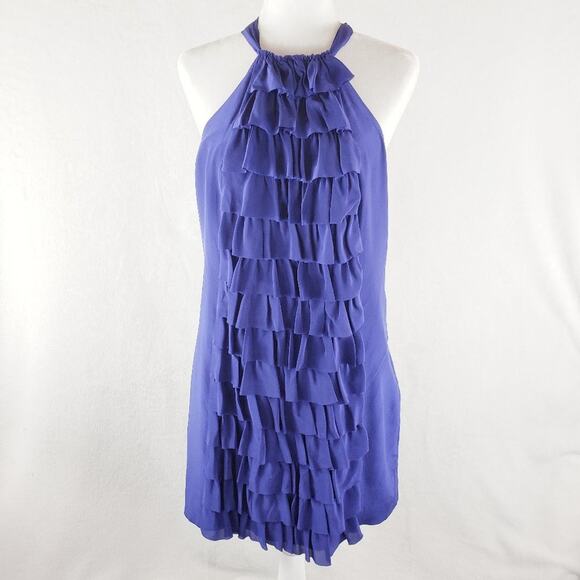 Anthropologie Va Et Vien Halter Dress Women 8 Blue Silk Ruffles Party Racerback - Picture 2 of 11